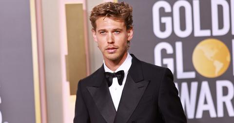 Austin Butler in a black suit at the Golden Globes.