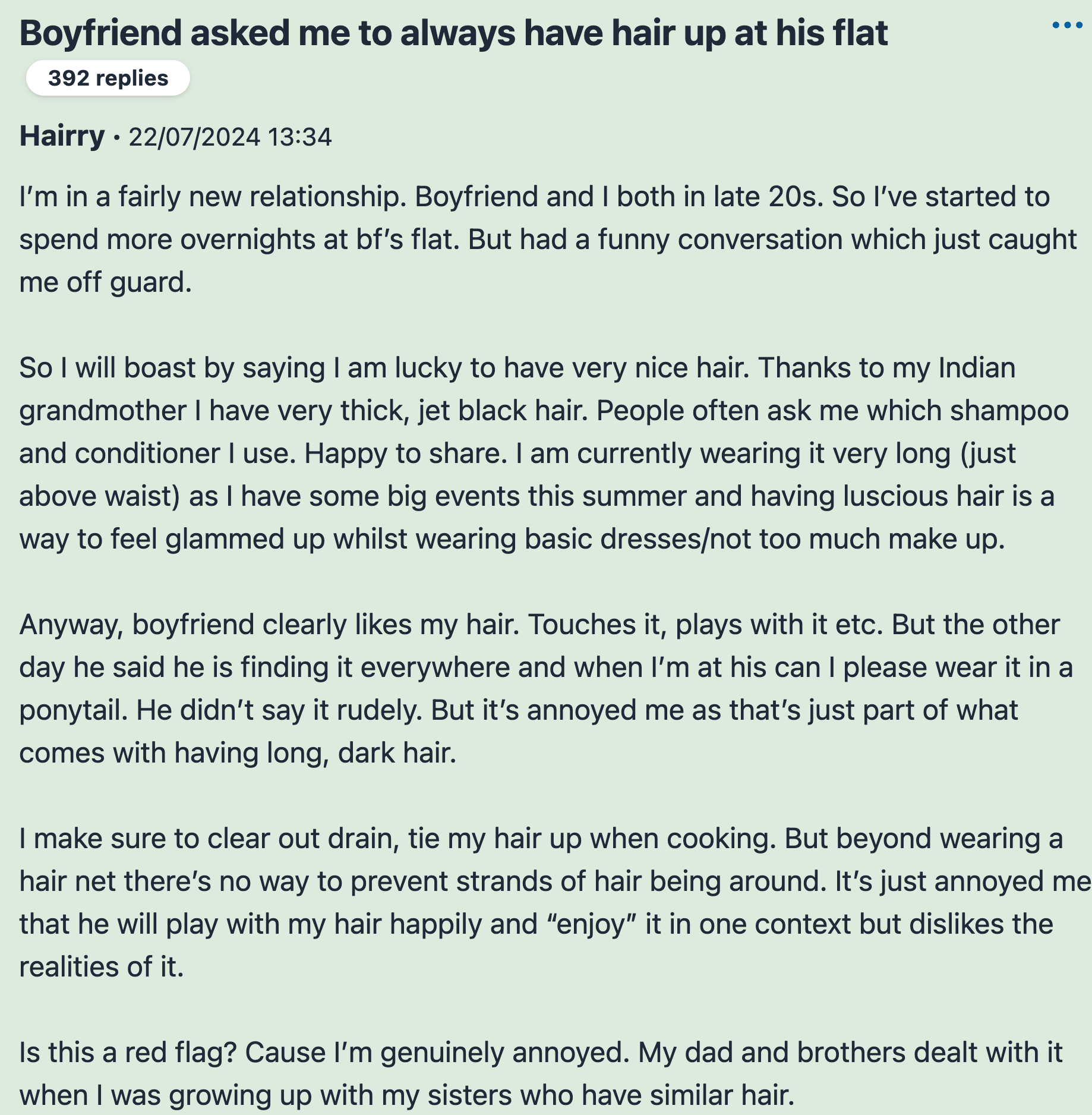 boyfriend asks girlfriend to wear hair in ponytail while at his place, to minimize shedding - mumsnet post