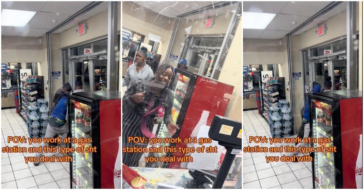 Viral video of thieves getting stuck inside the gas station by store clerk.