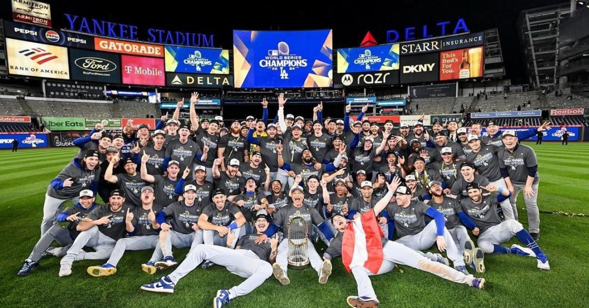 The Los Angeles Dodgers celebrating their World Series win