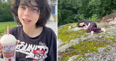 TikTok user @wheresxander taking part in the Grimace shake trend