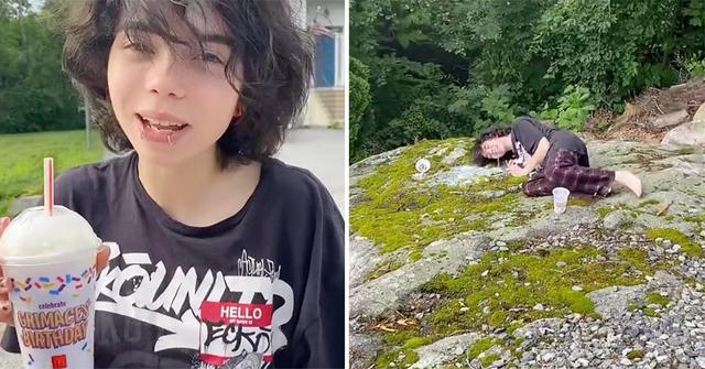 TikTok user @wheresxander taking part in the Grimace shake trend