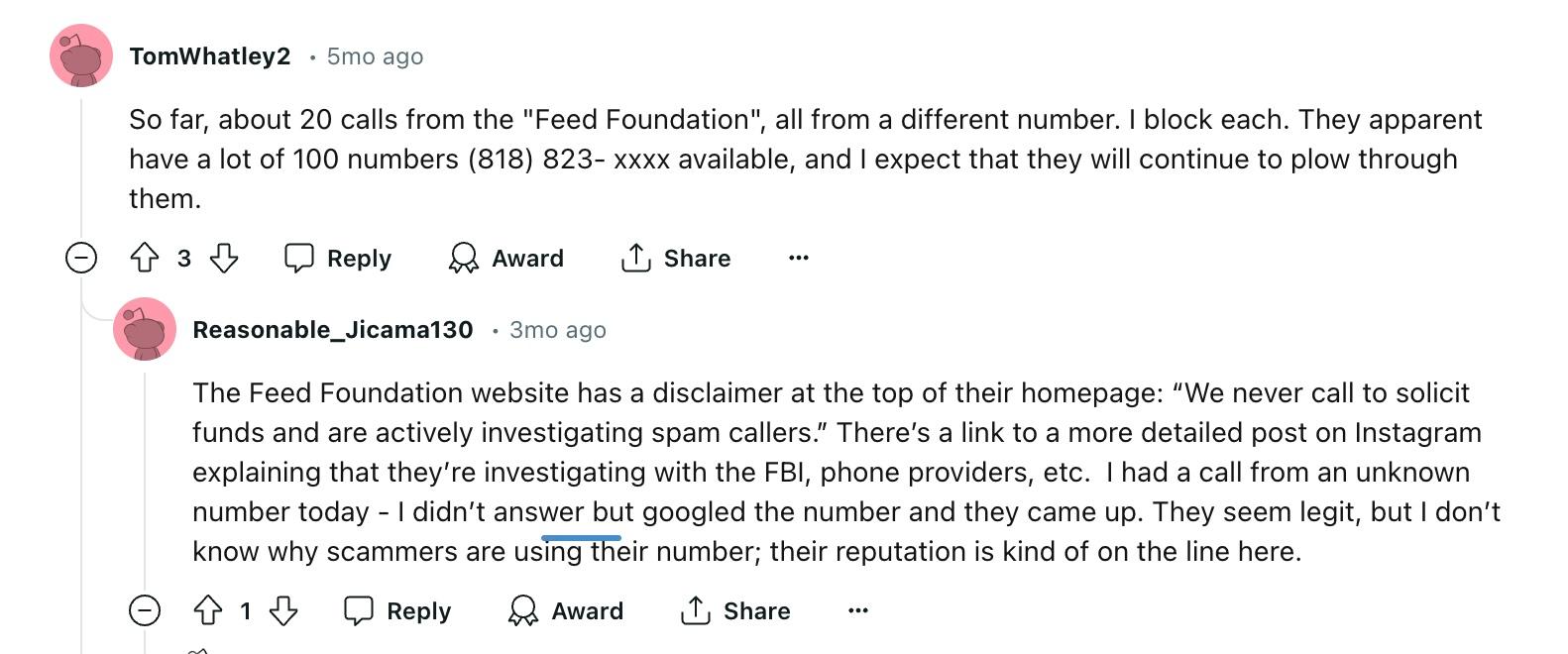 The FEED Foundation spam calls complaints