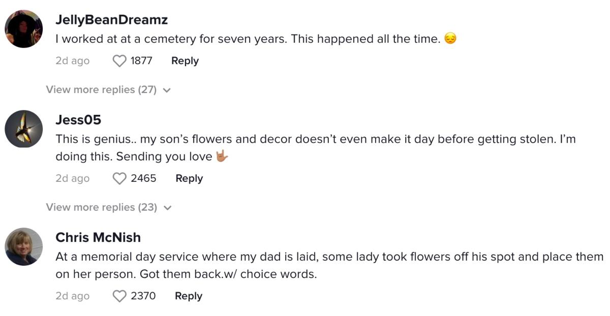 Creators comment on @tyrontspeer0's video of woman getting caught stealing flowers from a grave using an Apple AirTag