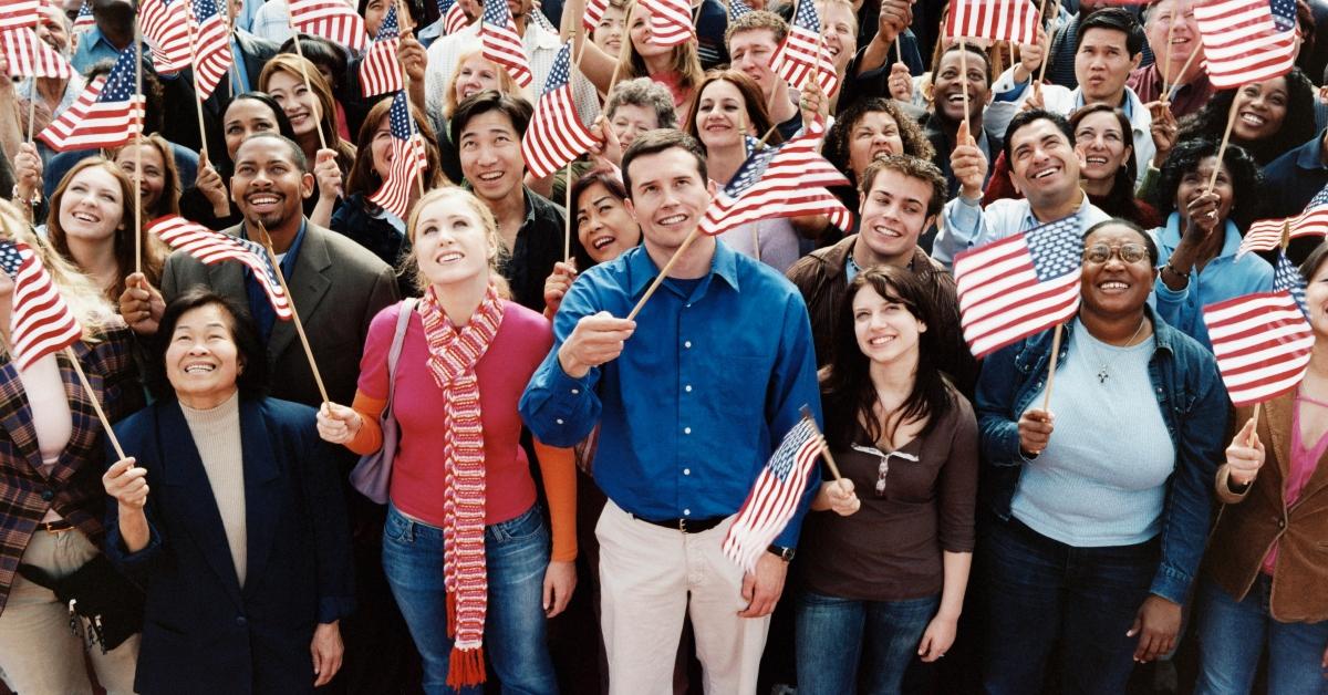 People waving an American flag.