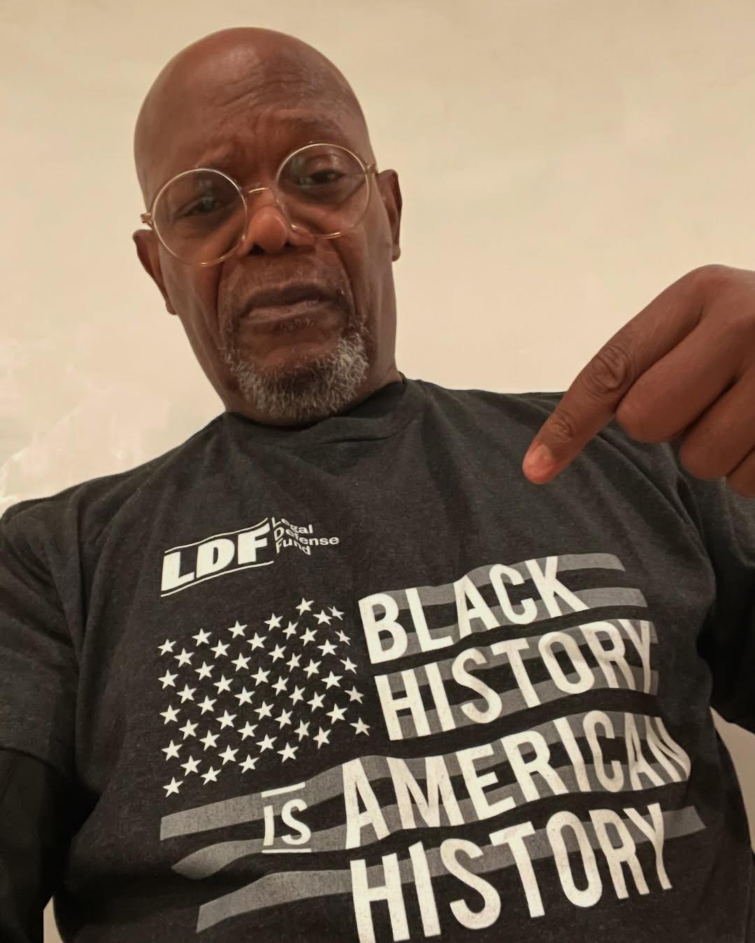 Samuel L. Jackson wearing a Black History shirt