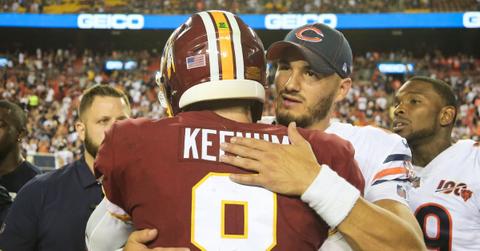 Case Keenum hugging the Bears quarterback in 2019.