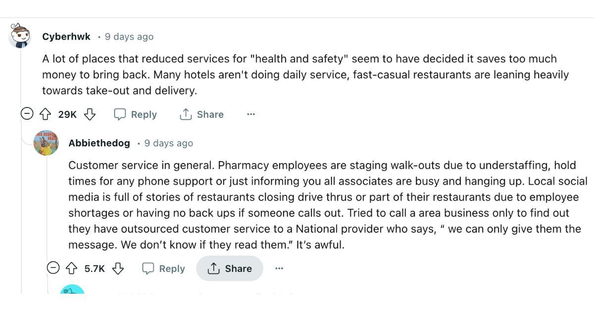 Commenters saying that customer service hasn't returned to normal since the COVID-19 pandemic