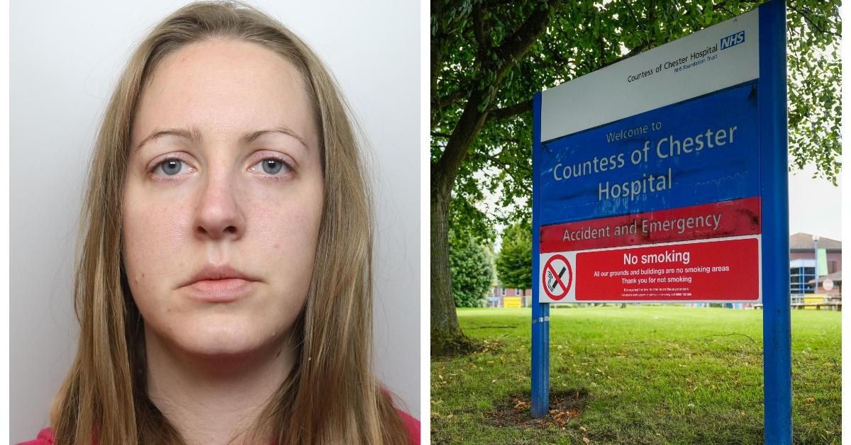 Lucy Letby's mug shot; hospital sign where she worked