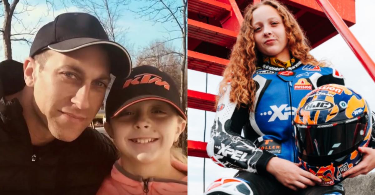 Kayla and her dad, Dave Yaakov, smile left, Kayla poses with her racing helmet at 18 right