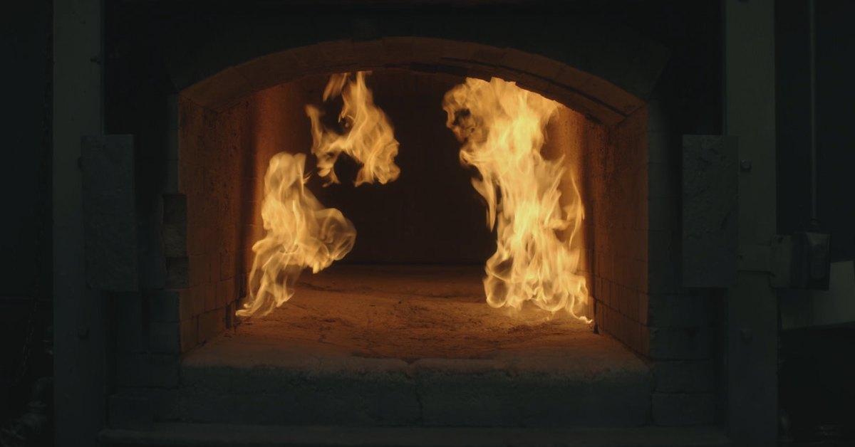 A crematory lit up.