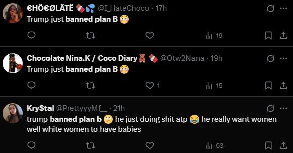 Three posts on x claiming Trump banned plan B