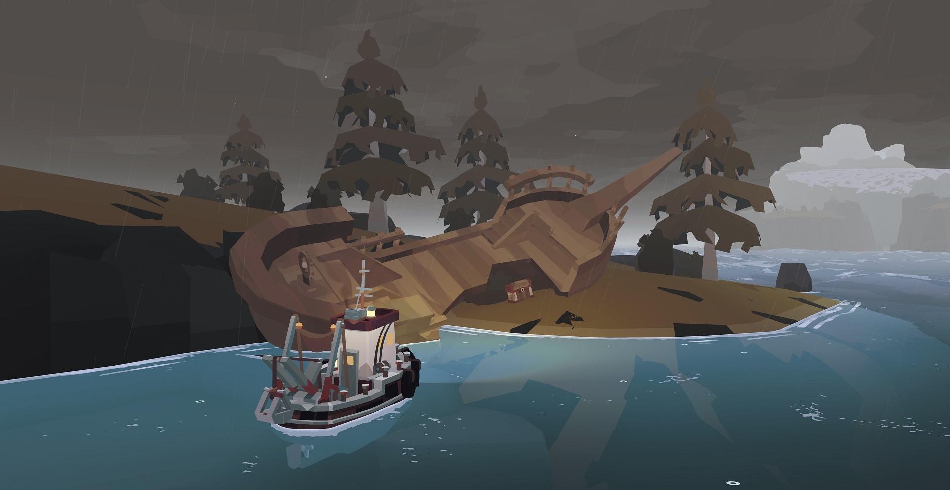 'Dredge' Boat approaching a shipwreck on an island with a treasure chest.