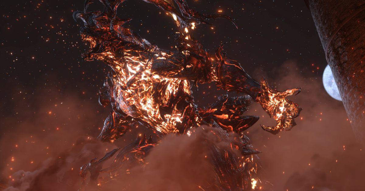 A gigantic, fiery enemy in FFXVI.