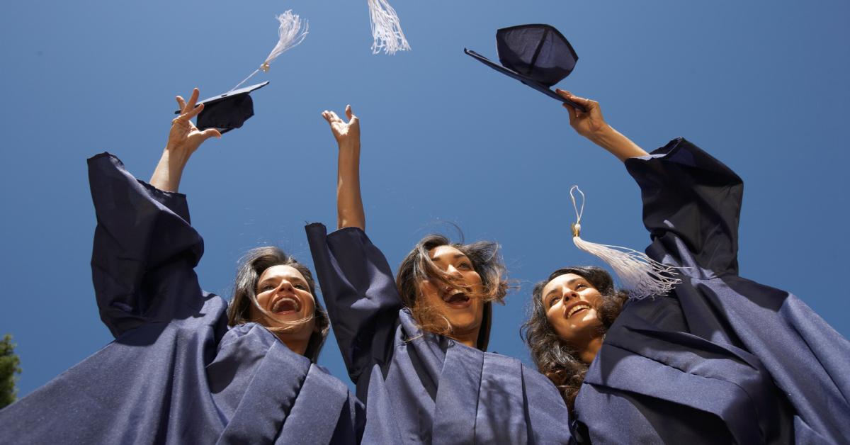 Three female college graduates throwing their caps in the air.
