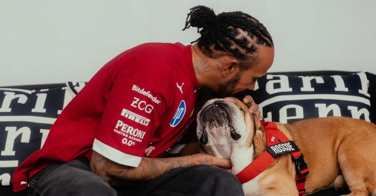 (l-r): Lewis Hamilton and his dog, Roscoe