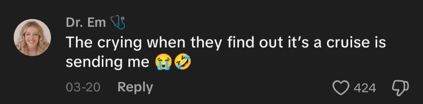 A comment laughing at the TikTok about the Disney cruise.