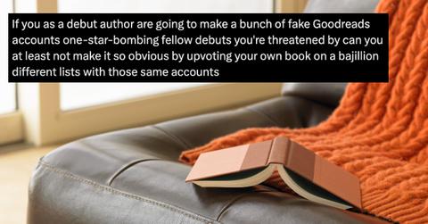 A book on a couch and a comment about the Goodreads drama