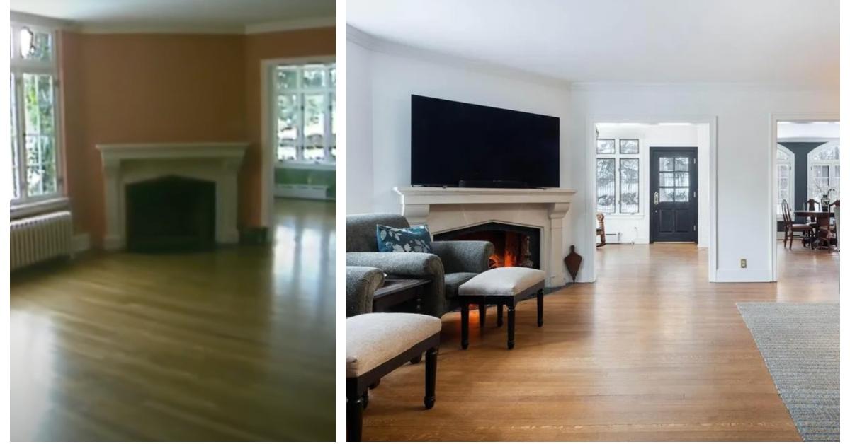 (L-R): Footage of the Ramsey's living room; The renovated living room