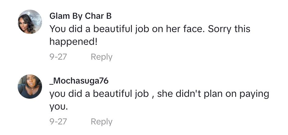 Commenters saying that the makeup artist did a beautiful job