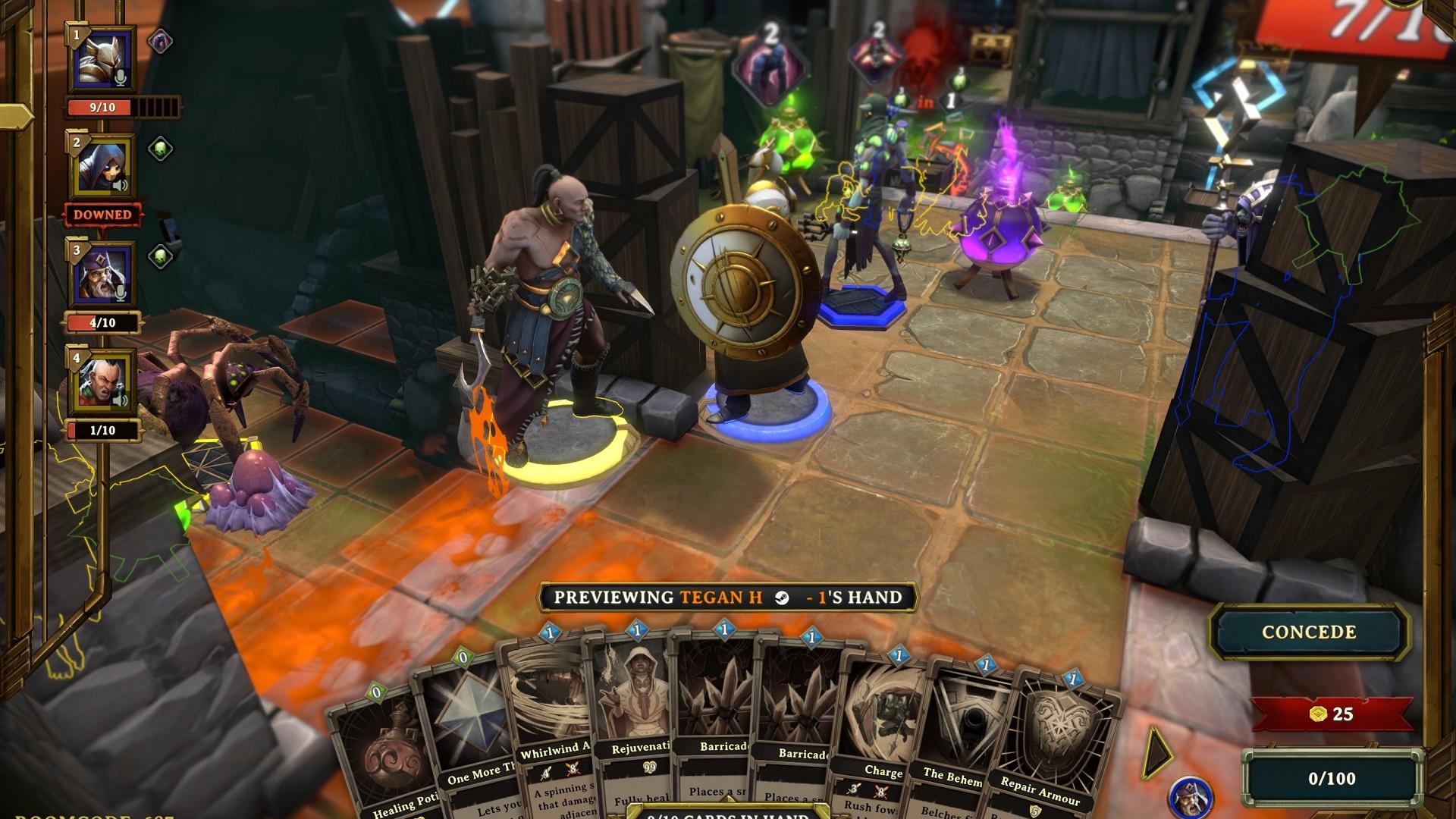 'Demeo Battles' Close-up of the PC version with cards and heroes nearby.