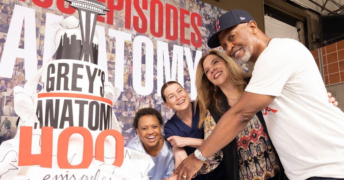 (l-r): Chandra Wilson, Ellen Pompeo, Krista Vernoff, and James Pickens Jr. celebrating 'Grey's Anatomy's' 400th episode. 