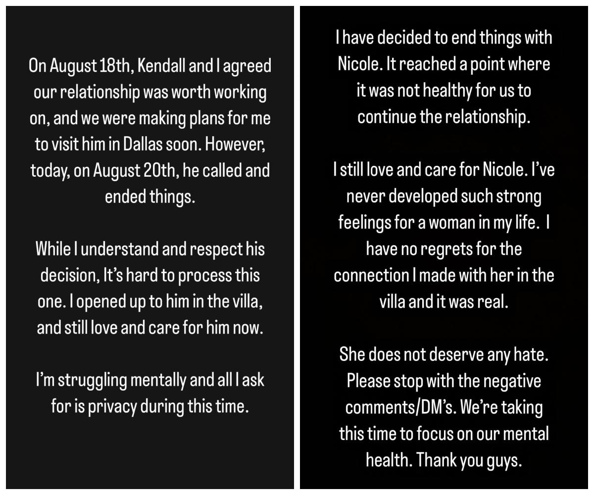 Kendall and Nicole's break up announcements on Instagram.