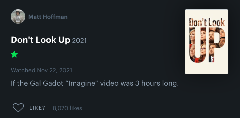 A Letterboxd review mocks Gal Gadot's "Imagine" video.