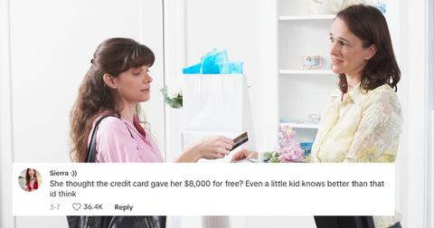 woman spends with credit card with comment about free $8,000