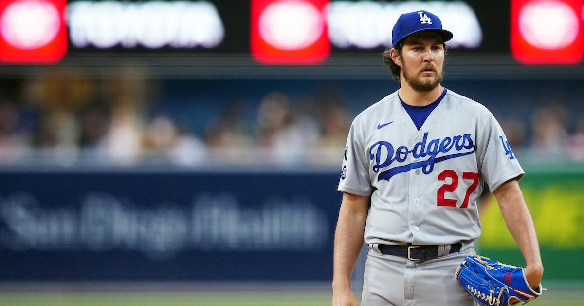 Trevor Bauer #27 of the Los Angeles Dodgers pauses between pitches during the game between the Los Angeles Dodgers and the San Diego Padres at Petco Park on Wednesday, June 23, 2021 in San Diego