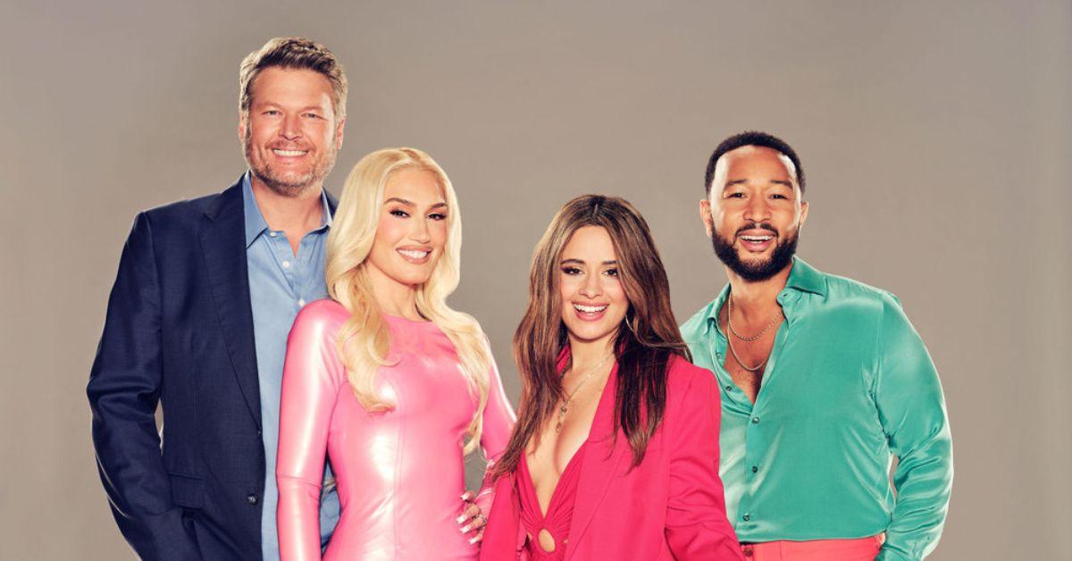 (l-r): Blake Shelton, Gwen Stefani, Camila Cabello, and John Legend on Season 22 of 'The Voice.'