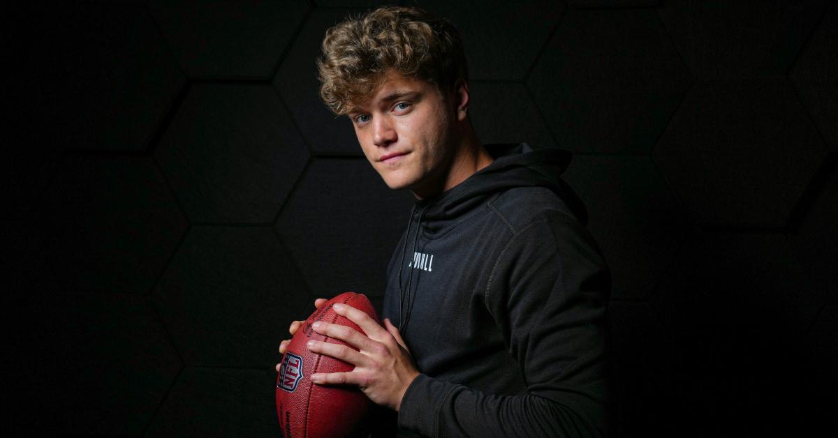 J.J. McCarthy poses for portraits at the Indiana Convention Center on Feb. 29, 2024, in Indianapolis.