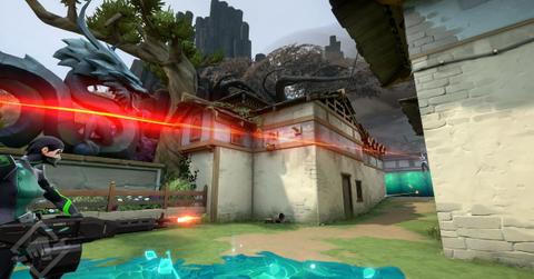 Two Valorant players shooting at each other down a corridor.