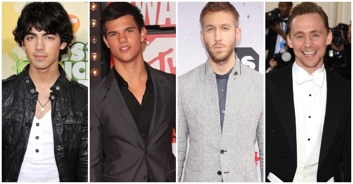 Side-by-side photos of Joe Jonas, Taylor Lautner, Calvin Harris, Tom Hiddleston