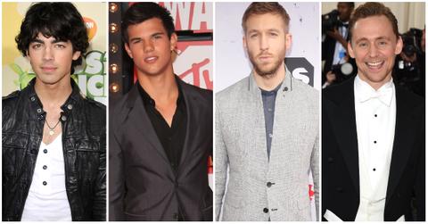 Side-by-side photos of Joe Jonas, Taylor Lautner, Calvin Harris, Tom Hiddleston