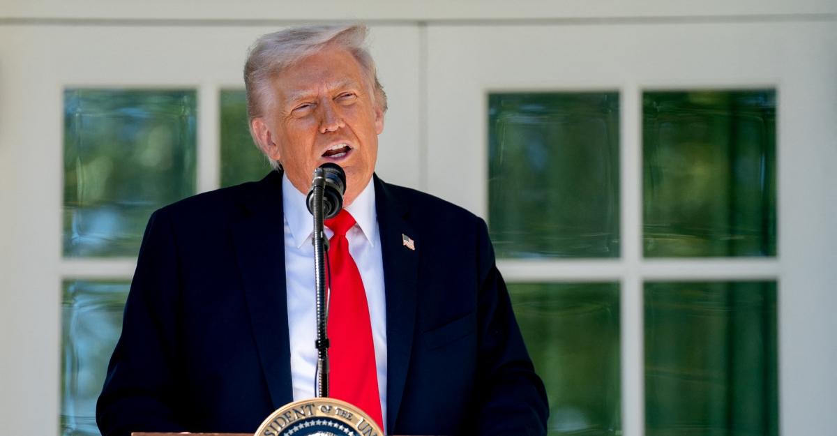 Trump gives a speech in front of the White House rose garden.