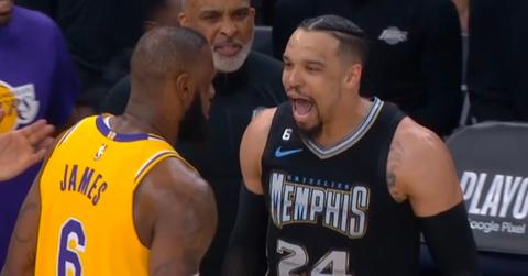 Dillon Brooks and LeBron James during the Grizzlies-Lakers playoff game on April 19, 2023.