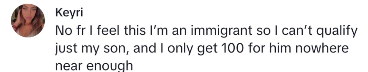 A commenter saying that she doesn't qualify for food stamps but her son does