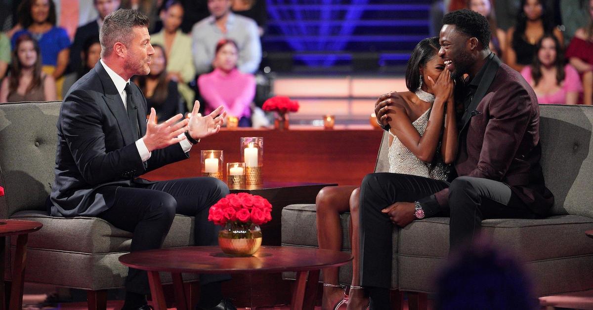 Host Jesse Palmer with Charity Lawson and Dotun Olubeko in 'The Bachelorette: After the Final Rose'