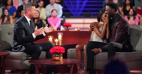 Host Jesse Palmer with Charity Lawson and Dotun Olubeko in 'The Bachelorette: After the Final Rose'