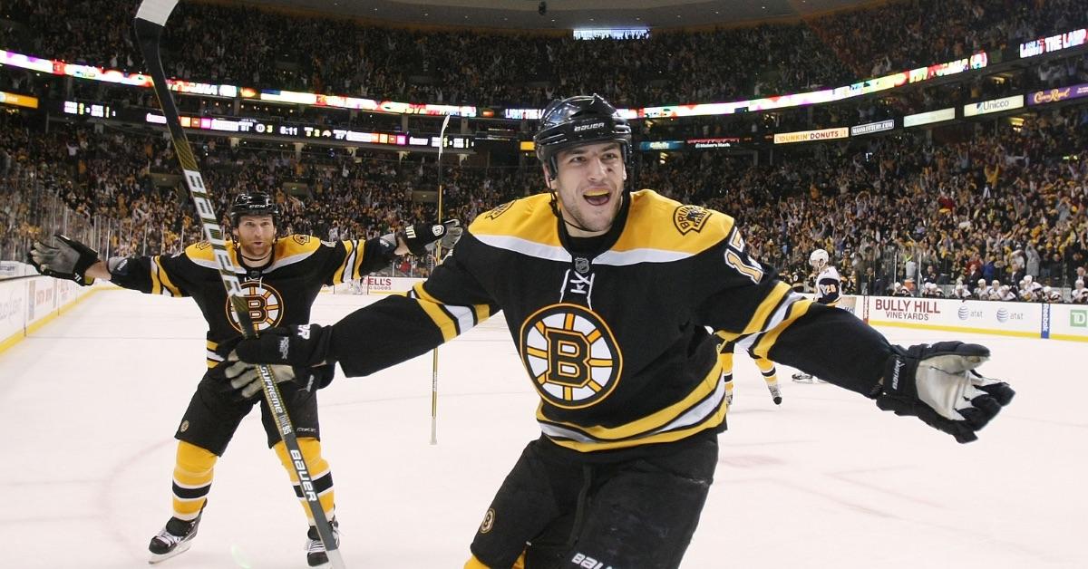 Milan Lucic celebrating in a Bruins uniform. 