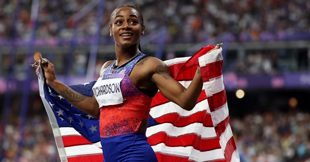 Sha'Carri Richardson of Team United States celebrates winning the silver medal