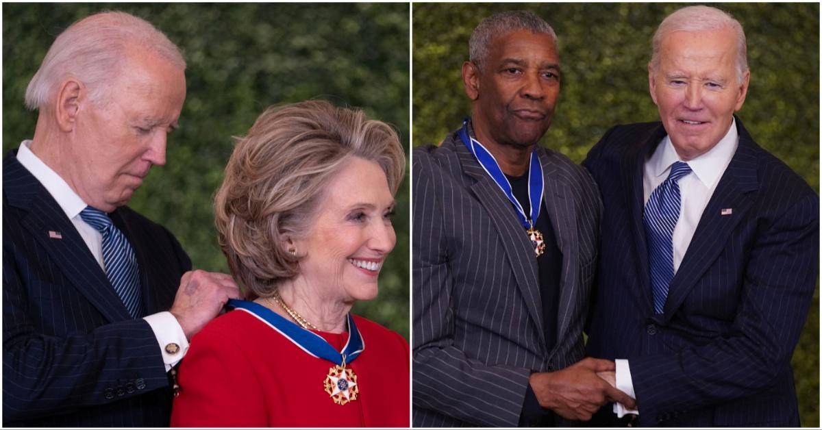 President Joe Biden giving Medal of Freedom to Denzel Washington and Hillary Clinton