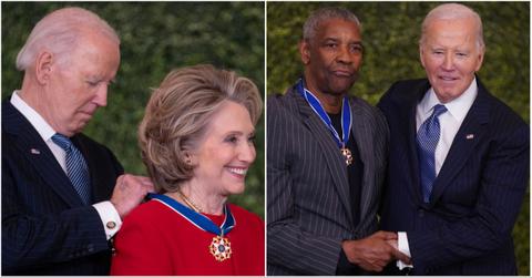 President Joe Biden giving Medal of Freedom to Denzel Washington and Hillary Clinton