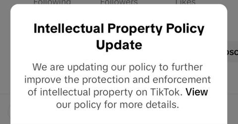 A pop-up for TikTok's intellectual policy update.