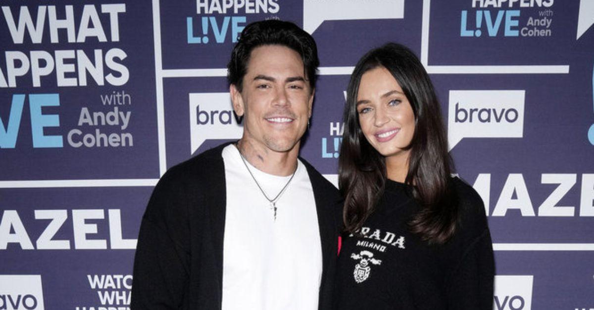 Tom Sandoval poses for a photo with girlfriend Victoria Lee on 'WWHL' red carpet