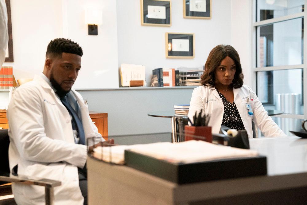 Dr. Floyd Reynolds and Dr. Lyn Malvo in the office of Dr. Claude Baptiste's on 'New Amsterdam'.