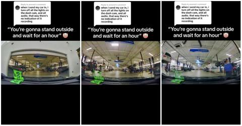 Car mechanic drives car fast into garage in dashcam footage.