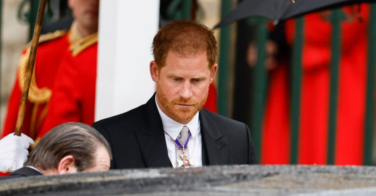 Prince Harry departs the Coronation of King Charles III and Queen Camilla on May 06, 2023 in London, England