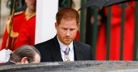 Prince Harry departs the Coronation of King Charles III and Queen Camilla on May 06, 2023 in London, England